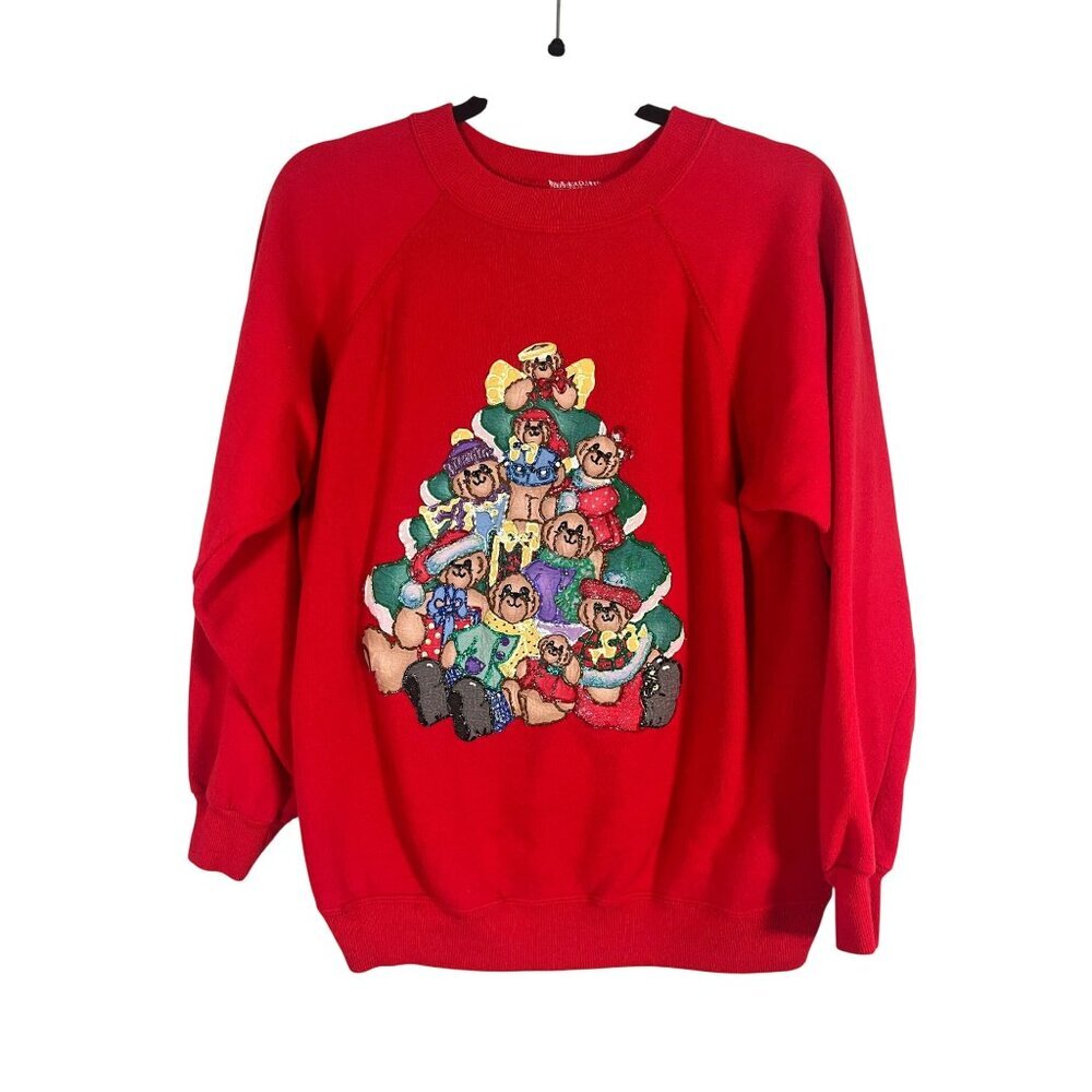 Vintageβ Christmas Bear Sweatshirt Red L Festive Holiday Classic Chic 80s Artsy